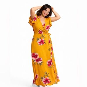 Carol Rose Floral Wrap Maxi Dress Yellow Pink Flowers Size XL